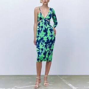 Zara Abstract Print Asymmetrical Cut Out Bodycon Dress Size S